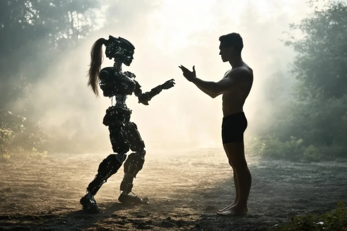 A realistic image of a genderized female robot and a human preparing for a fight in nature.