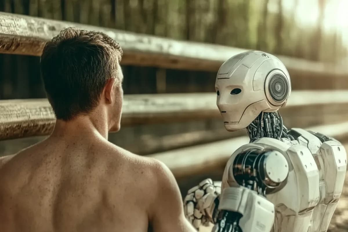 Shirtless CEO Phil next to a robot obviously having an intense conversation about the AI's drop in performance over the weekend of February 1st-3rd