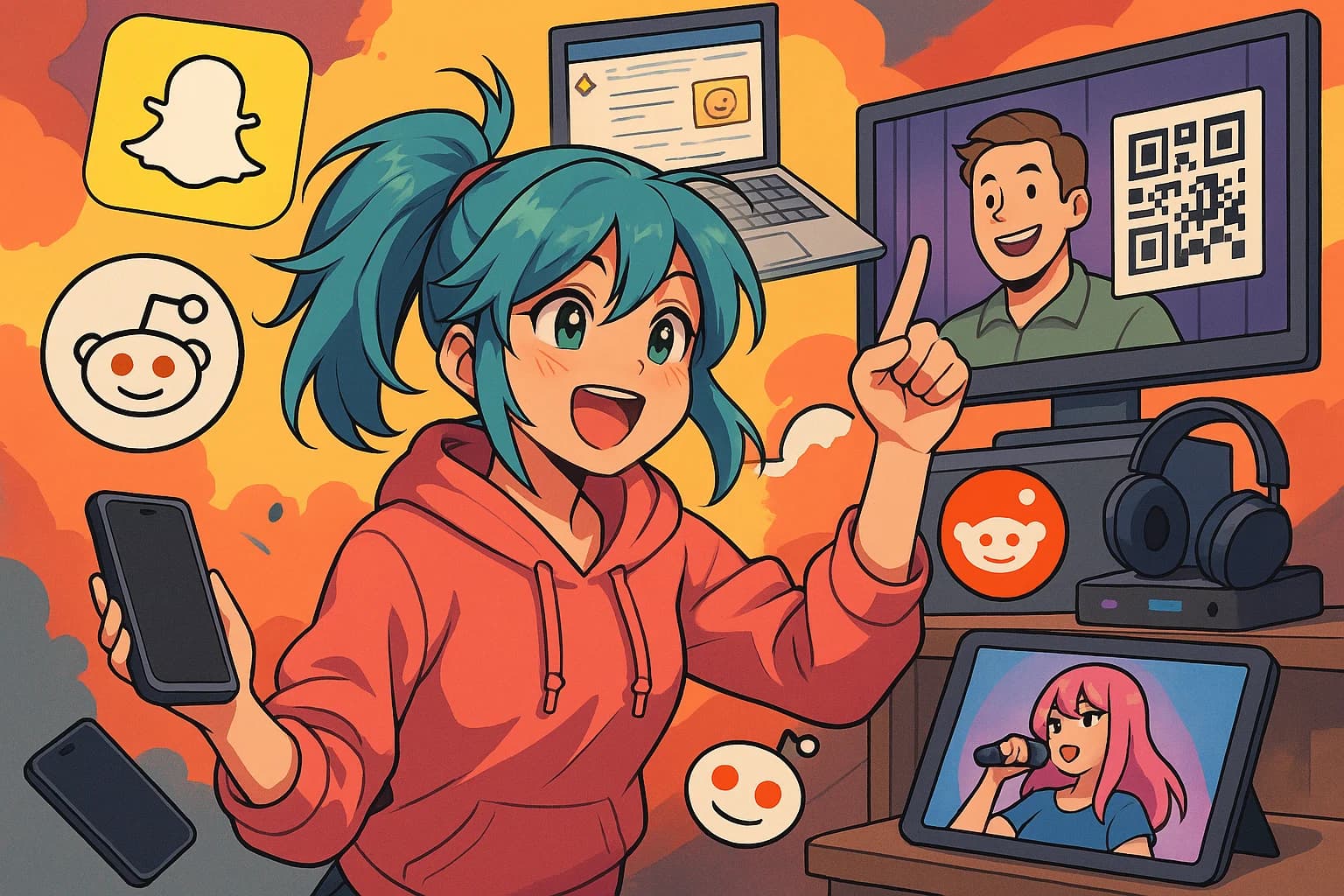 We Just Added Snap, Reddit and TV Ads, anime style illustration of a person holding a phone with ads on it.
