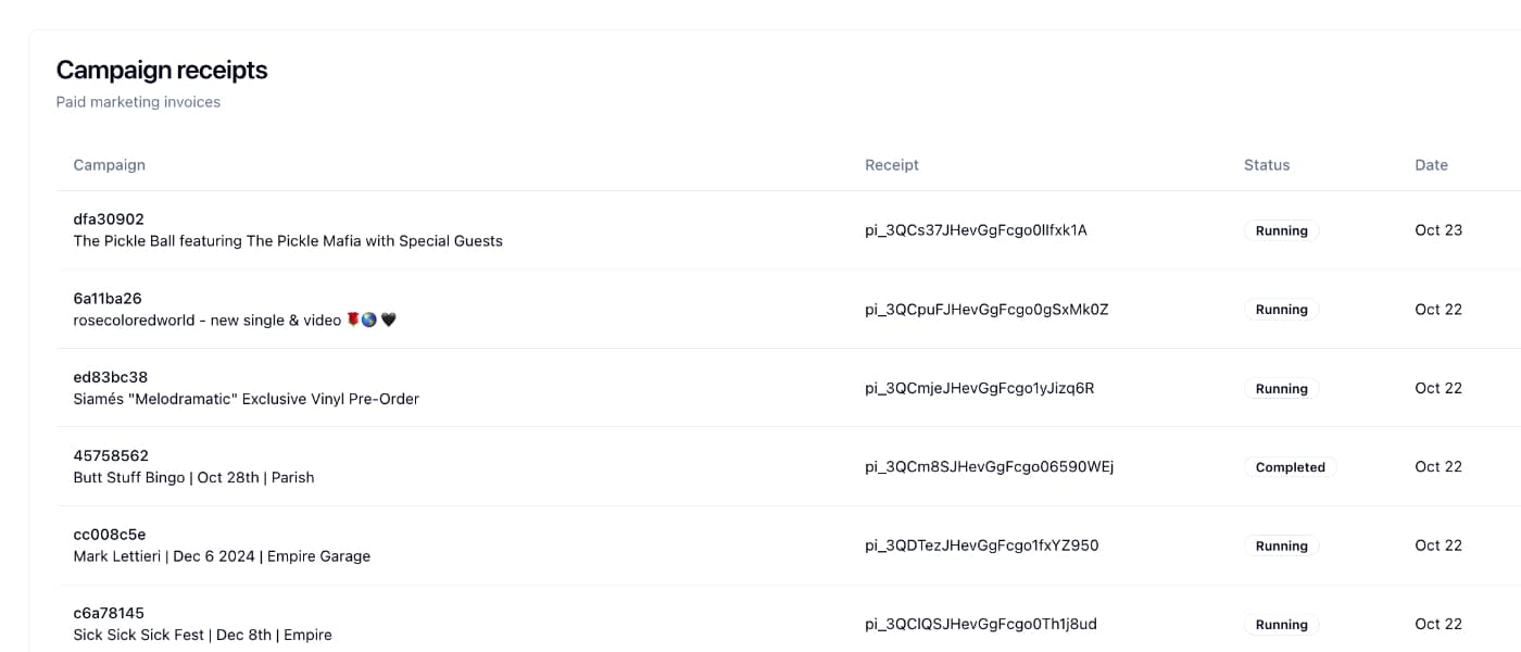 The invoice pagination endpoint for the new b00st.com app displaying how simple it is to see past invoice for completed and running ad campaigns.