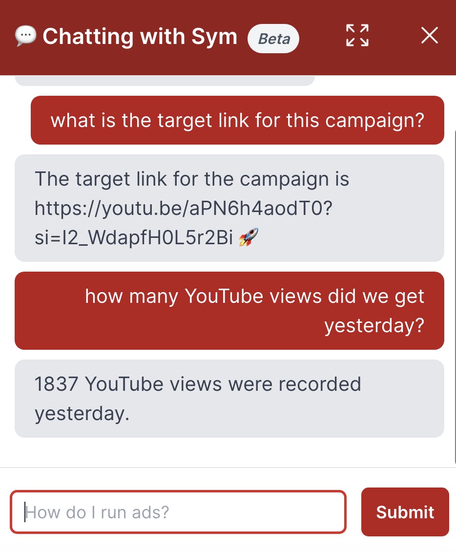 A screenshot of a b00st.com chat inquiry asking about the target link and YouTube views of a specific campaign.