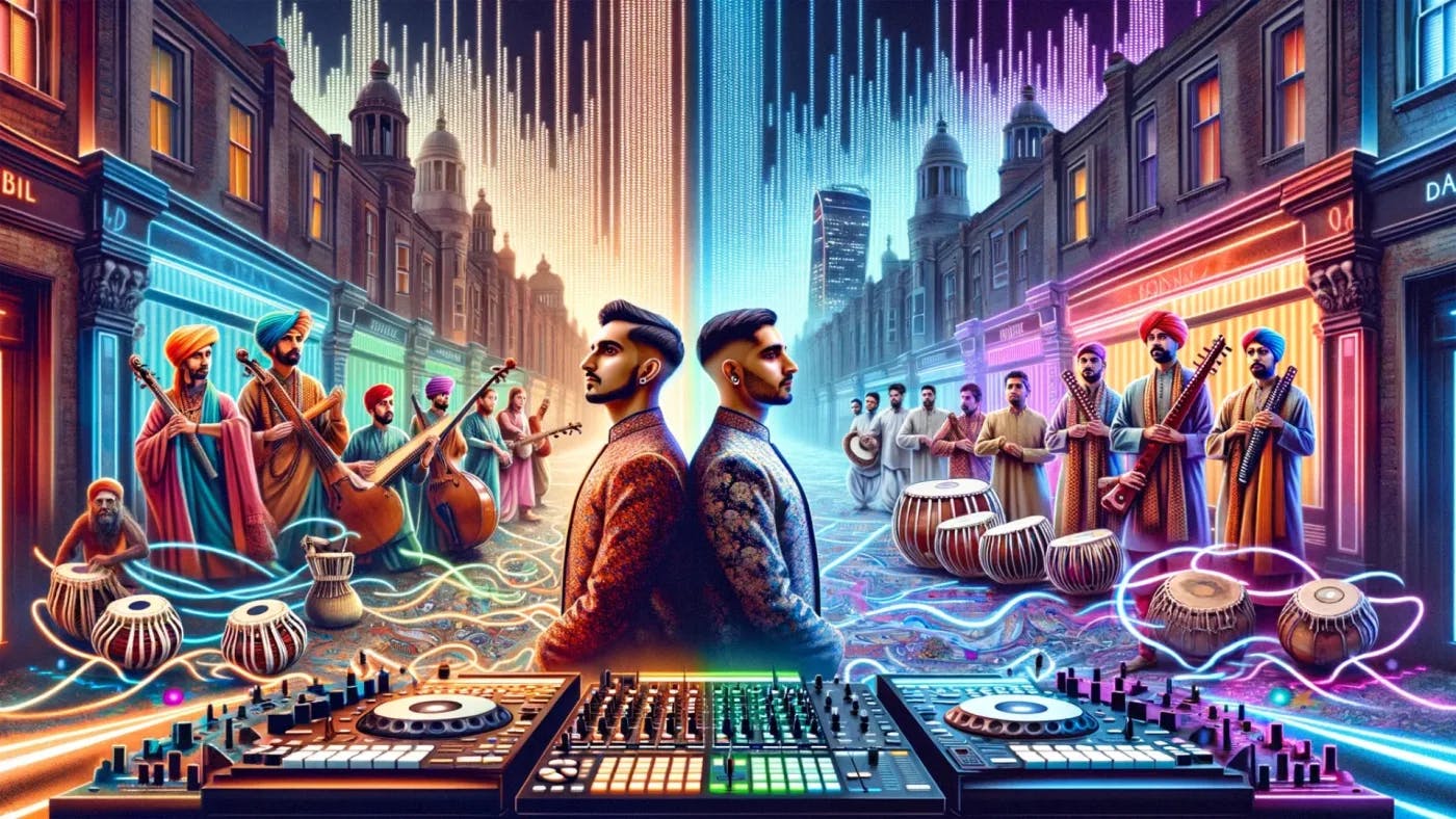 Vibrant and colorful digital artwork that fuses traditional South Asian music elements with modern electronic music production. In the foreground, a detailed illustration of a DJ's mixing desk with turntables, knobs, and sliders implies a contemporary musical setting. The middle ground shows two men side by side in profile, wearing richly patterned traditional South Asian attire, reflecting a connection to their cultural roots. Behind them is an animated street scene set at dusk or dawn, where groups of musicians in traditional attire play classical South Asian instruments like the sitar, tabla, and tanpura. The buildings have a Victorian architecture style, suggesting a historical European city, perhaps London. Above the scene, a digital waveform in neon blues and purples pulses across the sky, symbolizing the blend of traditional and electronic music.