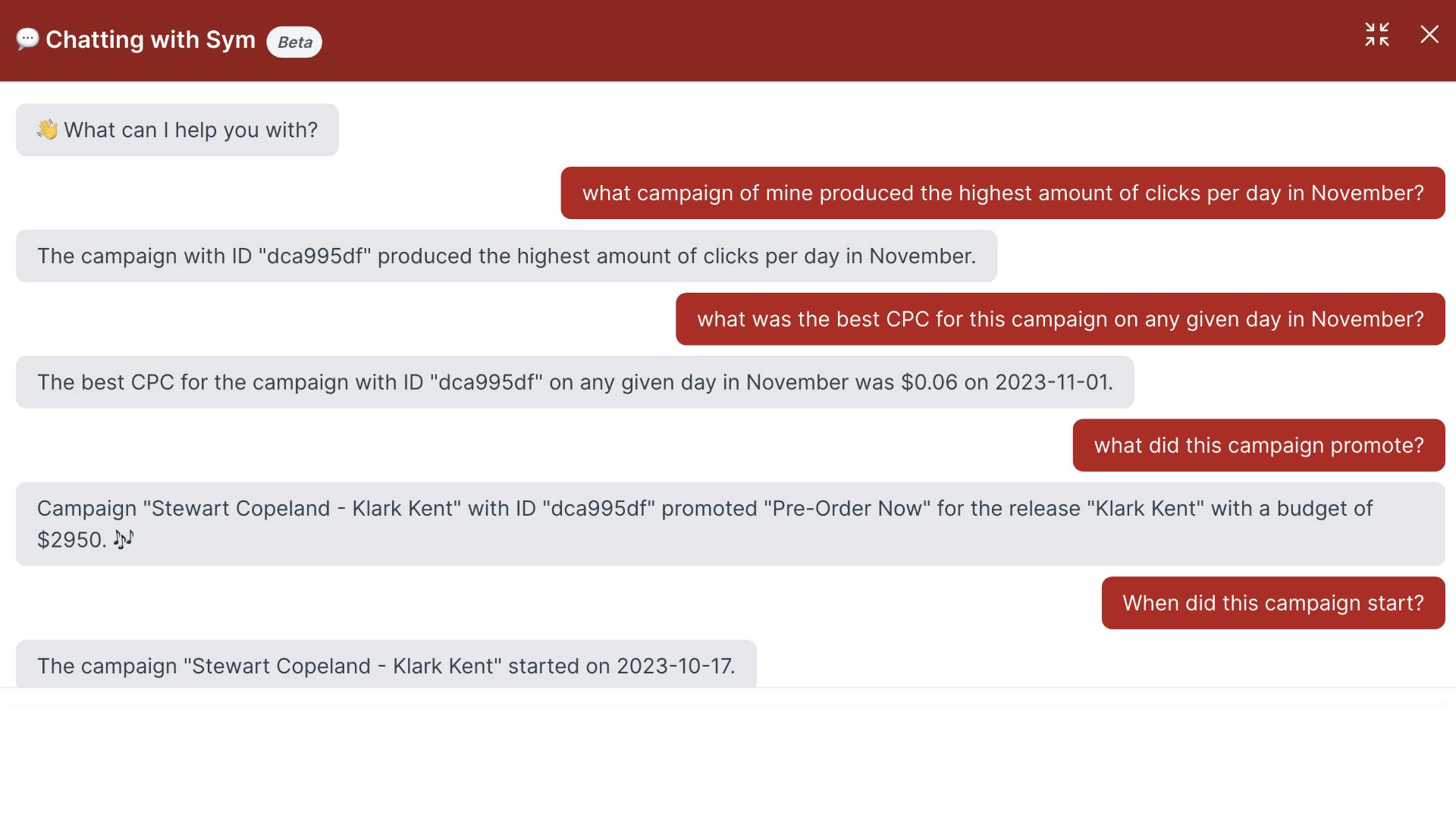 An example conversation with b00st.com chat about the best performing advertsing campaign in November, which ended up being Stewart Copeland's 'Klark Kent' pre-order.