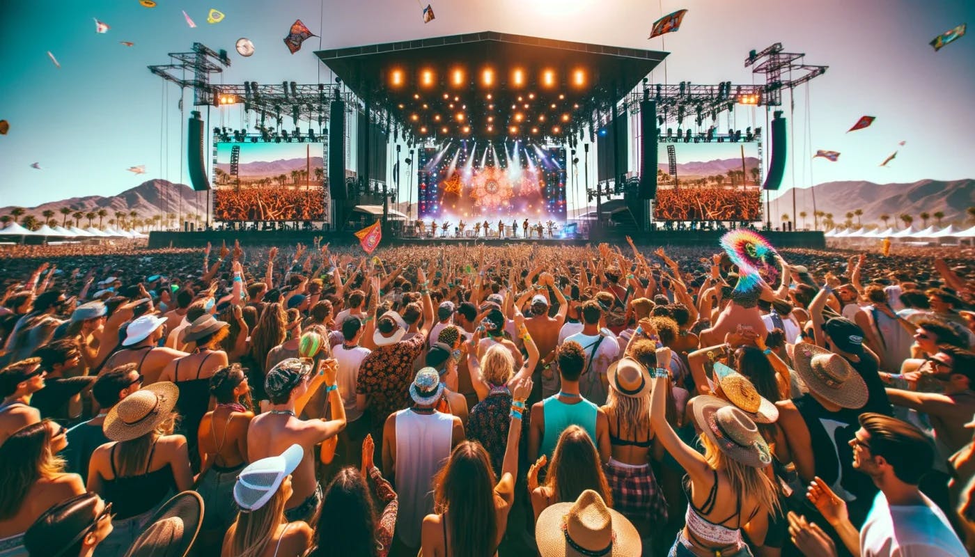 A bustling music festival scene capturing the vibrant and eclectic atmosphere of Coachella. The image features a wide array of festival-goers cheering on the most awesome bands and artists in the world.