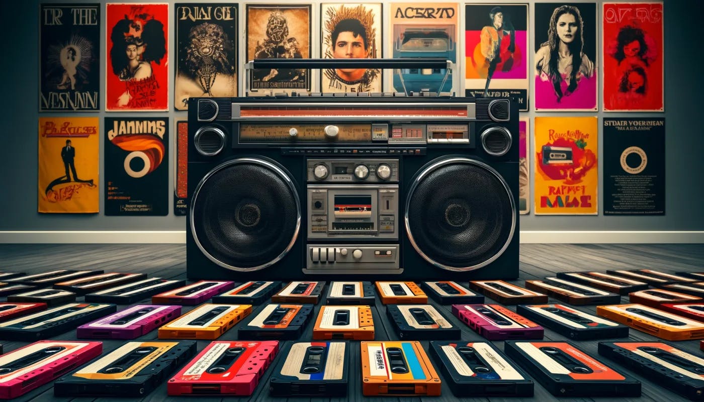 A room with a vintage vibe, showcasing a large, classic boombox centered on the floor, surrounded by scattered colorful cassette tapes. Behind the boombox, a wall is adorned with a collection of retro-style posters featuring various musical artists, enhancing the nostalgic atmosphere of the scene. The arrangement suggests a celebration or exhibition of music culture from the past.