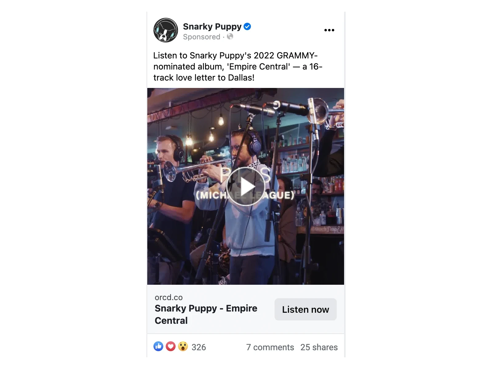 The Grammy win by Snarky Puppy via an ad run via b00st.com on social platforms like Facebook, Instagram, YouTube, and TikTok.